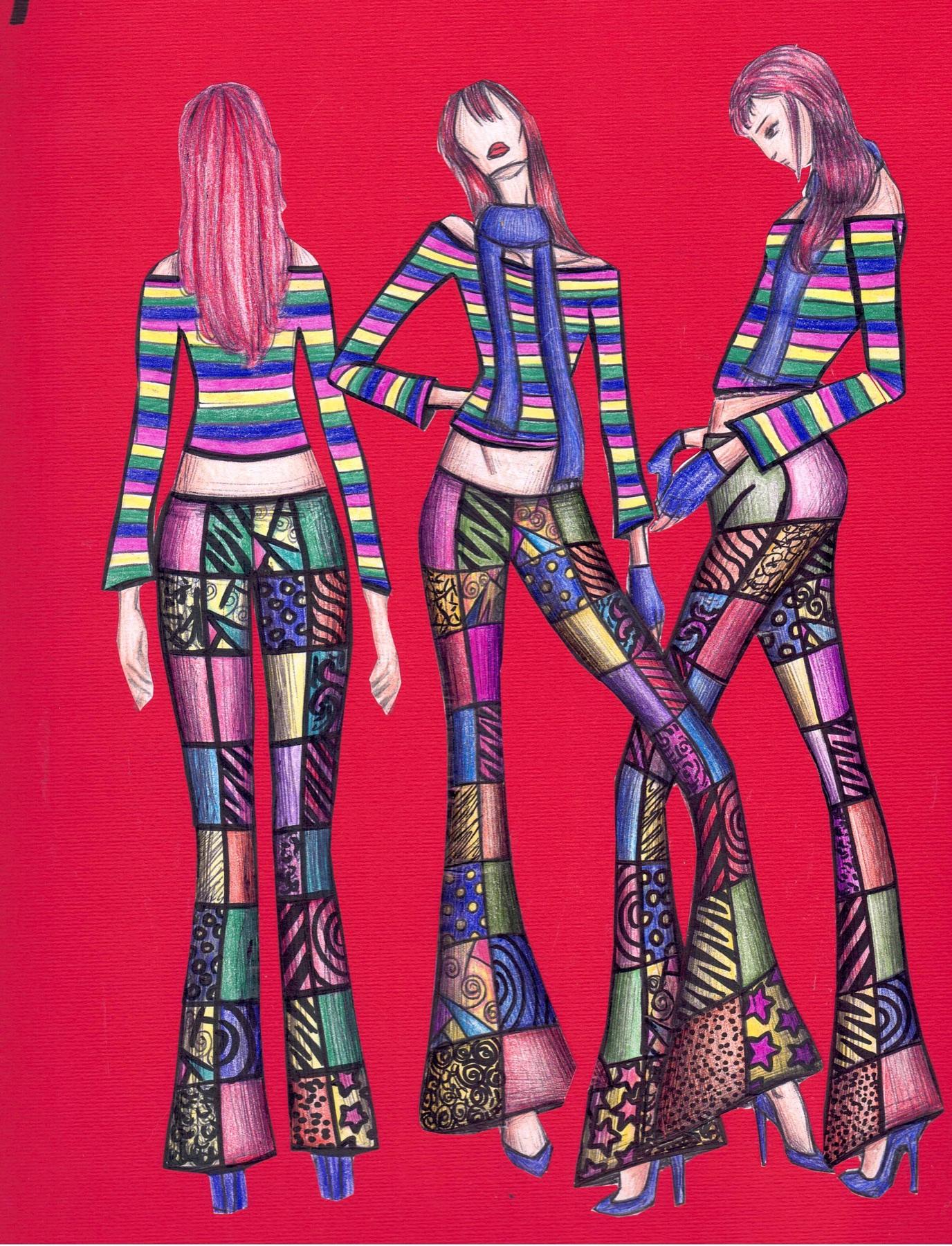 Bozzetto originale di Marianna Zorza, 3B Moda, con viste del completo patchwork