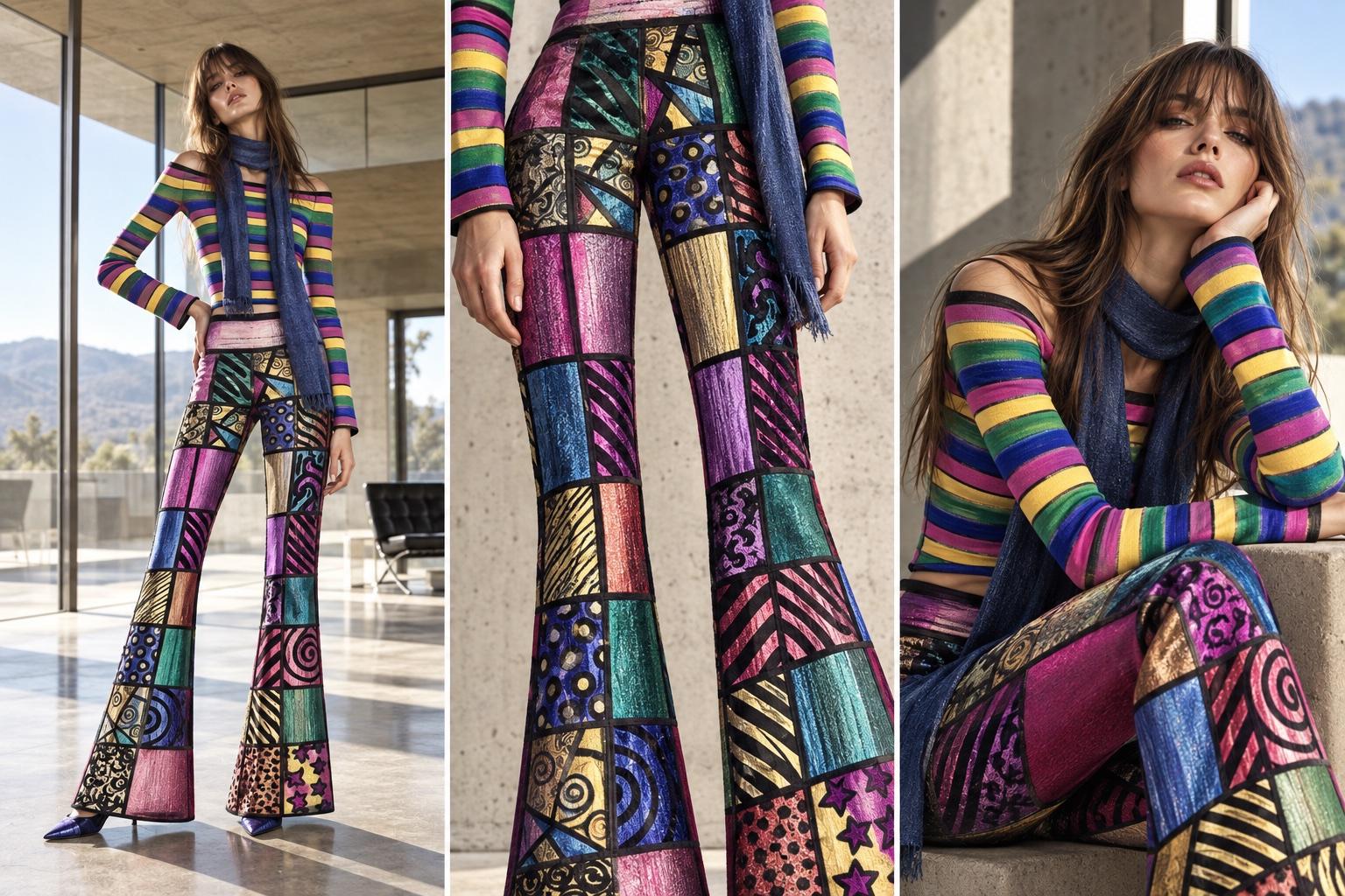 Look patchwork indossato in un interno moderno di cemento e vetro