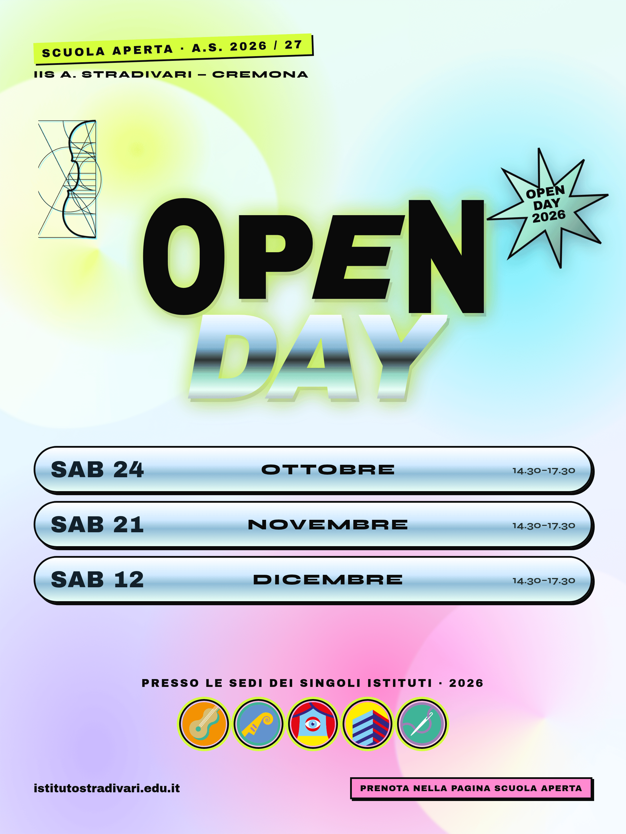 Manifesto Open Day 2026, grafica Acid Y2K