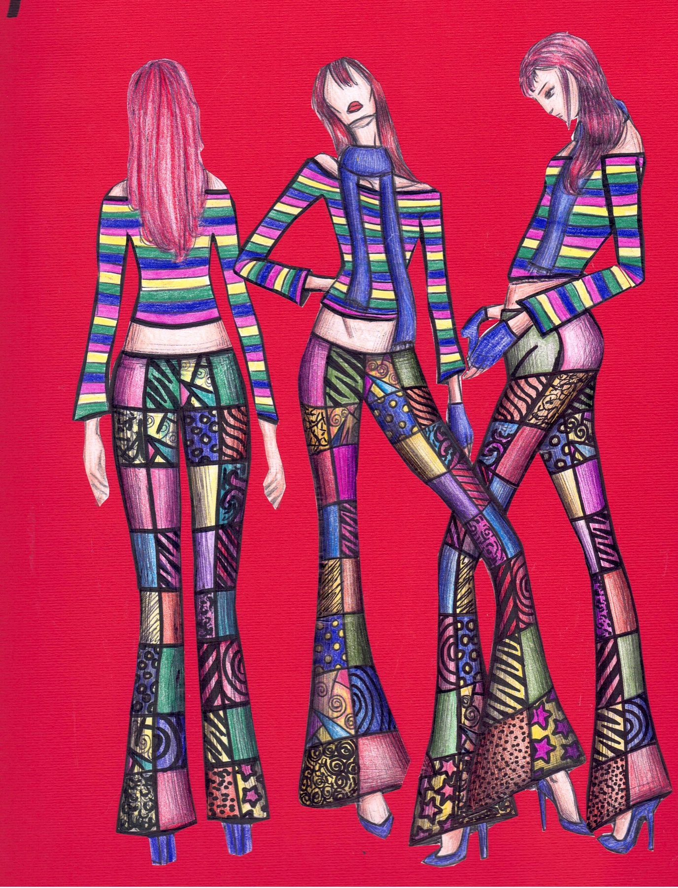 Bozzetto originale di Marianna Zorza, 3B Moda, con viste del completo patchwork